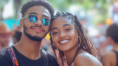 Young Couple Smiling Together at an Outdoor Festival