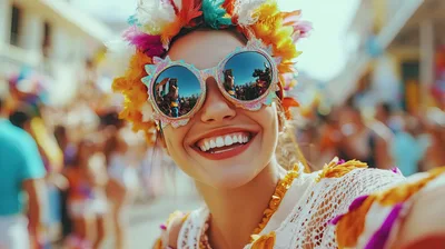 Young Woman Wearing Festive Carnival Costume and Sunglasses