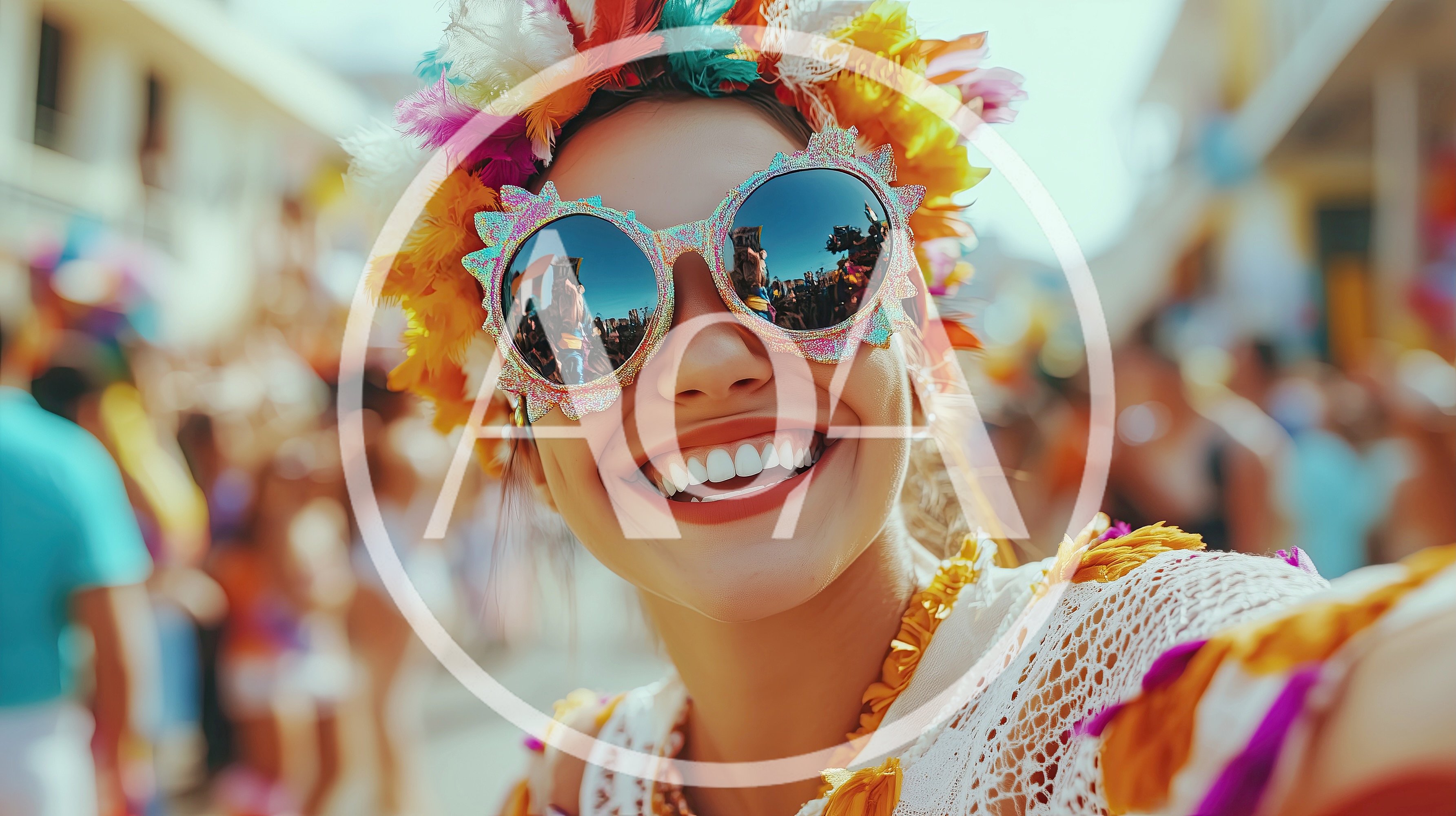 Young Woman Wearing Festive Carnival Costume and Sunglasses