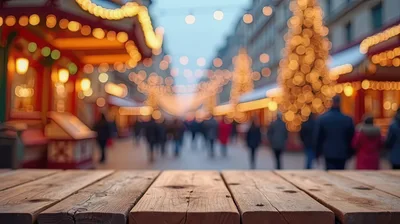 Wooden Table Foreground At Festive Christmas Market