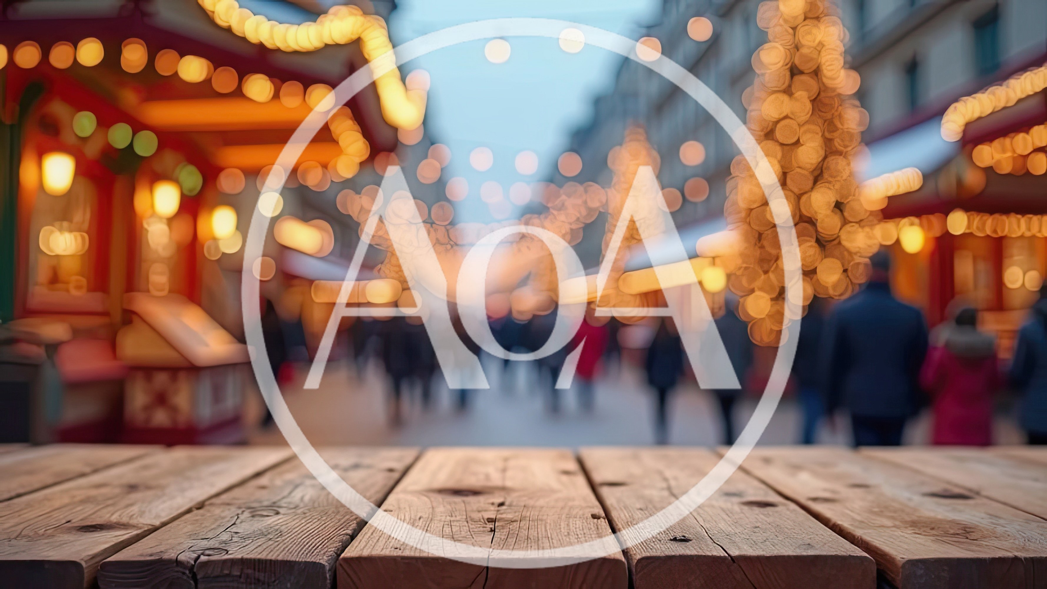 Wooden Table Foreground At Festive Christmas Market