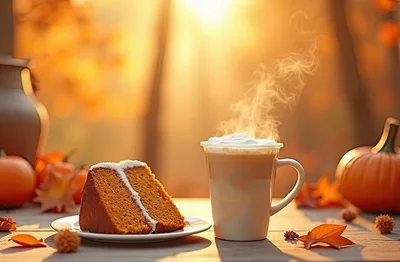 Pumpkin Spice Latte and Cake Slice on Autumn Table