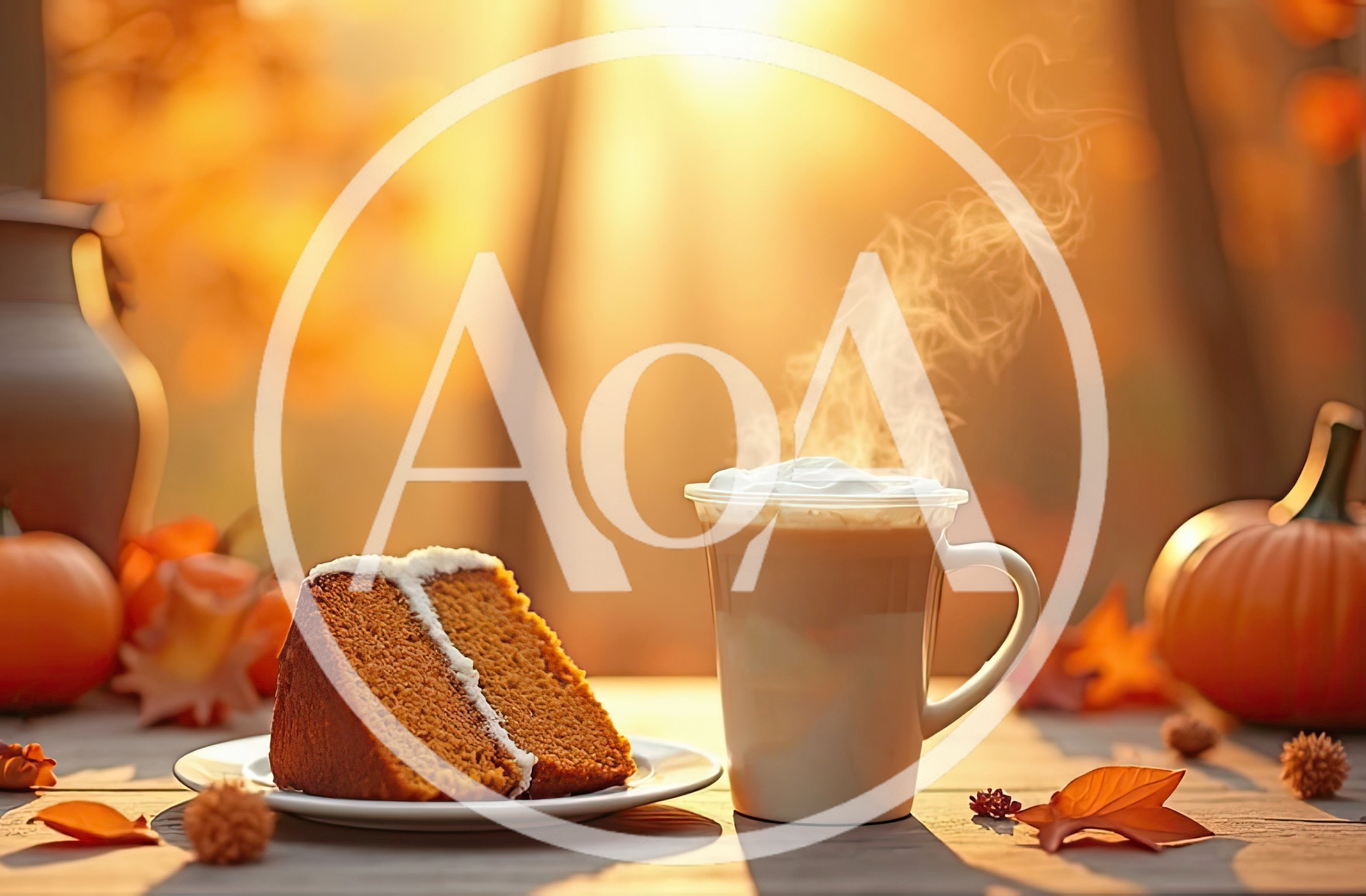 Pumpkin Spice Latte and Cake Slice on Autumn Table