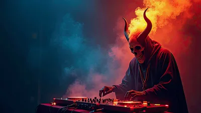 Demon DJ Performing With Flaming Horns In Nightclub