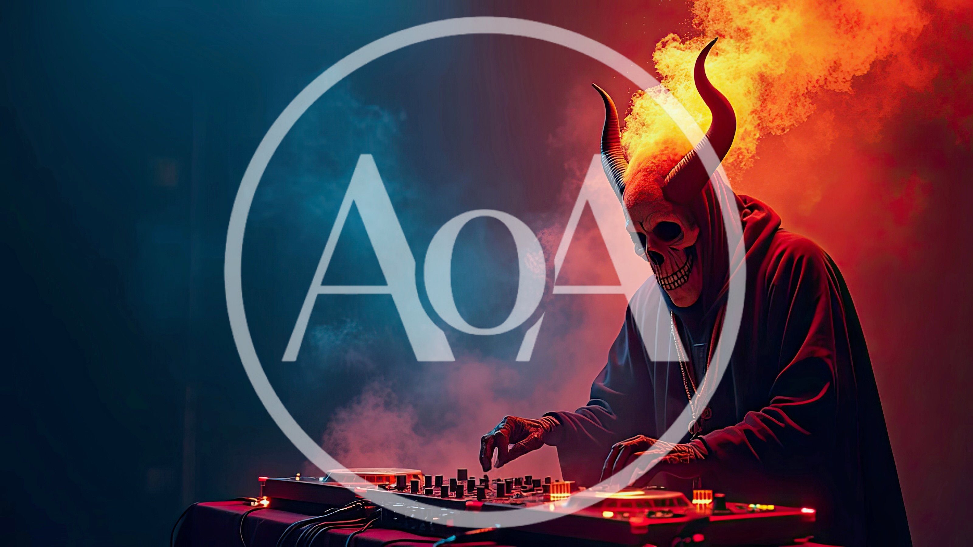 Demon DJ Performing With Flaming Horns In Nightclub