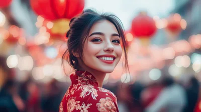 Smiling Young Woman In Traditional Chinese Qipao Dress