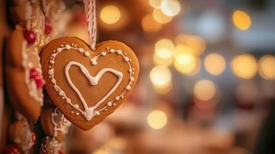 Heart Shaped Gingerbread Cookie Hanging At Christmas Market