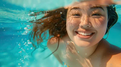 Young Woman Smiling Underwater In A Swimming Pool
