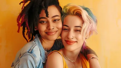 Two Diverse Young Women Embracing Against Yellow Background