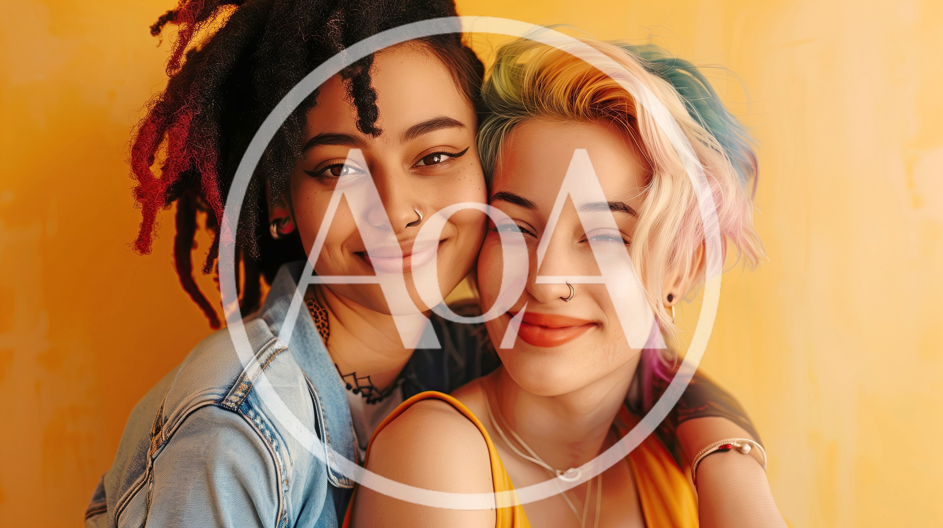 Two Diverse Young Women Embracing Against Yellow Background
