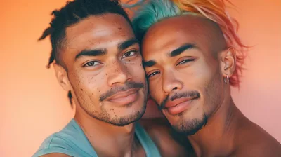 Close Up Portrait Of Two Diverse Men Embracing