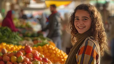 Smiling Young Girl Shopping at a Vibrant Outdoor Market