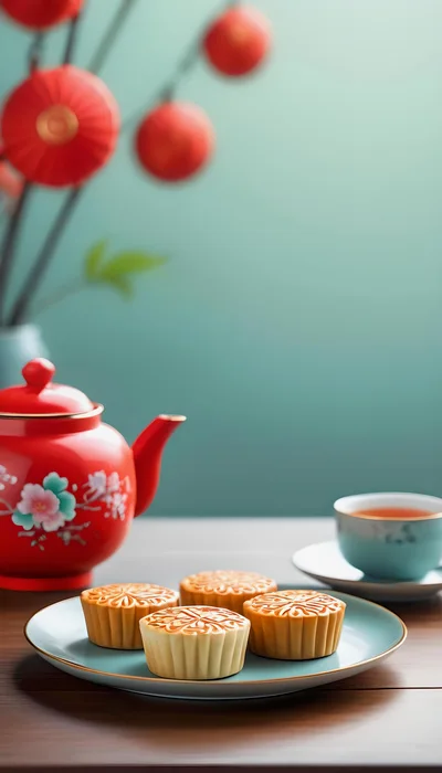 Mid-Autumn Festival Mooncakes With Tea And Lanterns
