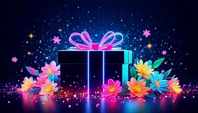 Neon Gift Box Surrounded By Vibrant Flowers