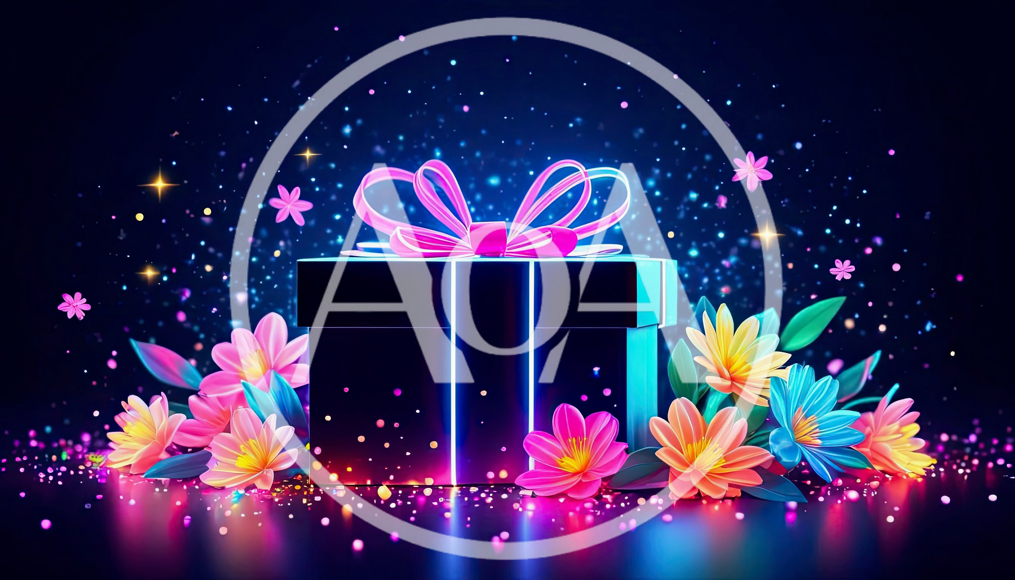 Neon Gift Box Surrounded By Vibrant Flowers