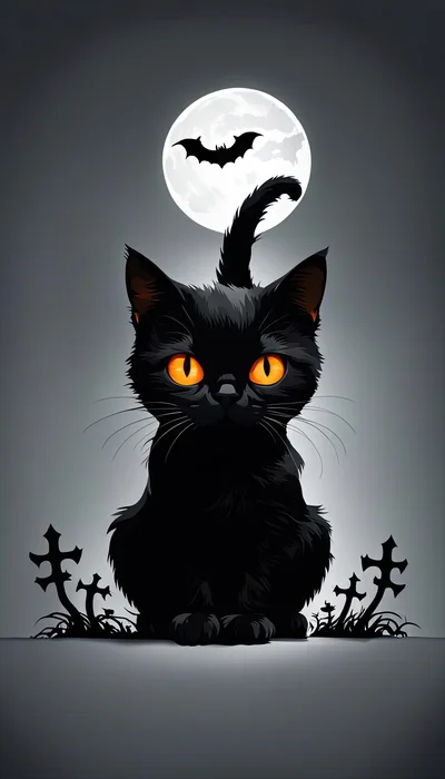 Black Cat Sitting Before A Full Moon