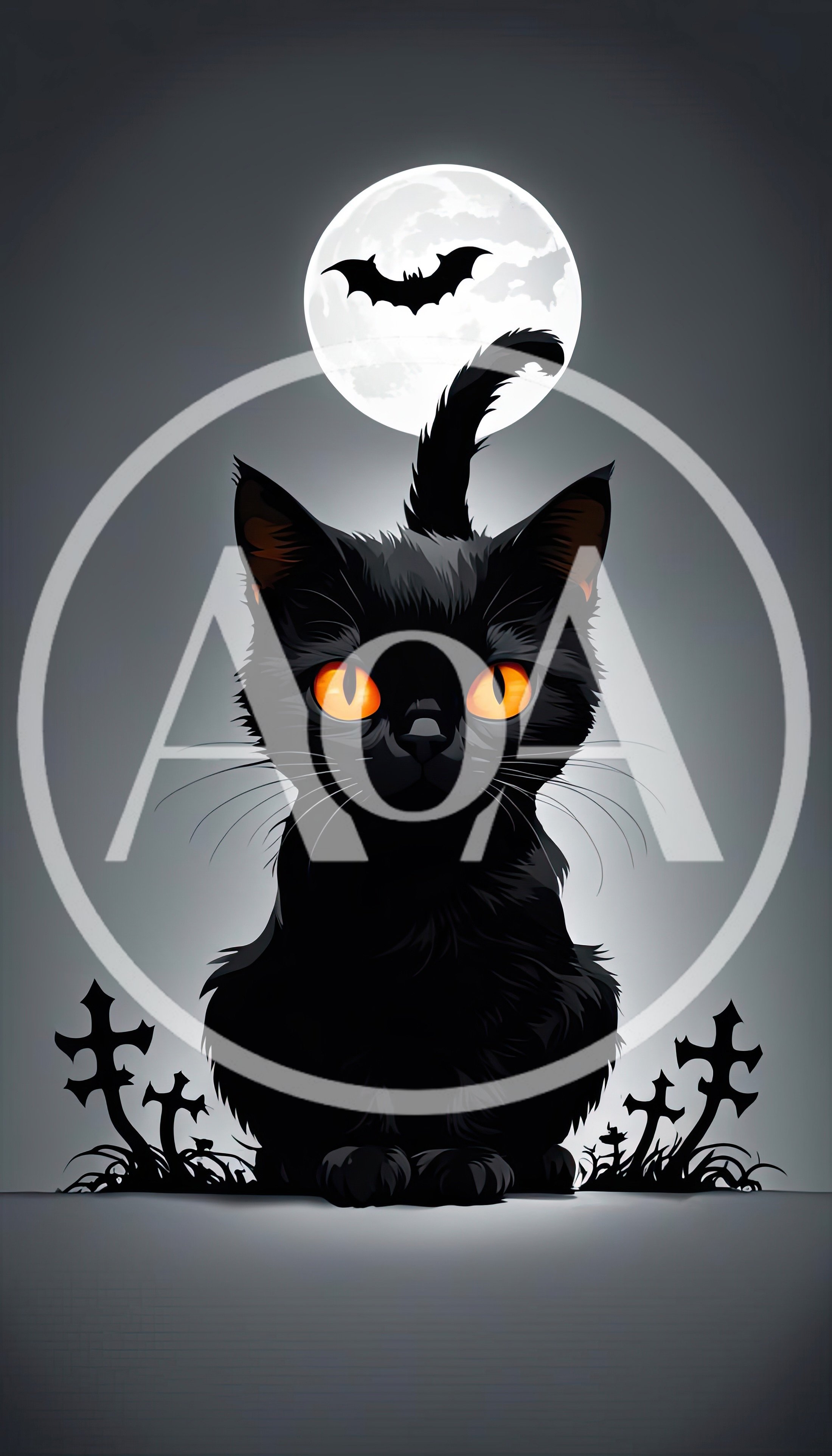 Black Cat Sitting Before A Full Moon