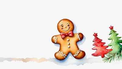 Watercolor Gingerbread Man With Christmas Trees
