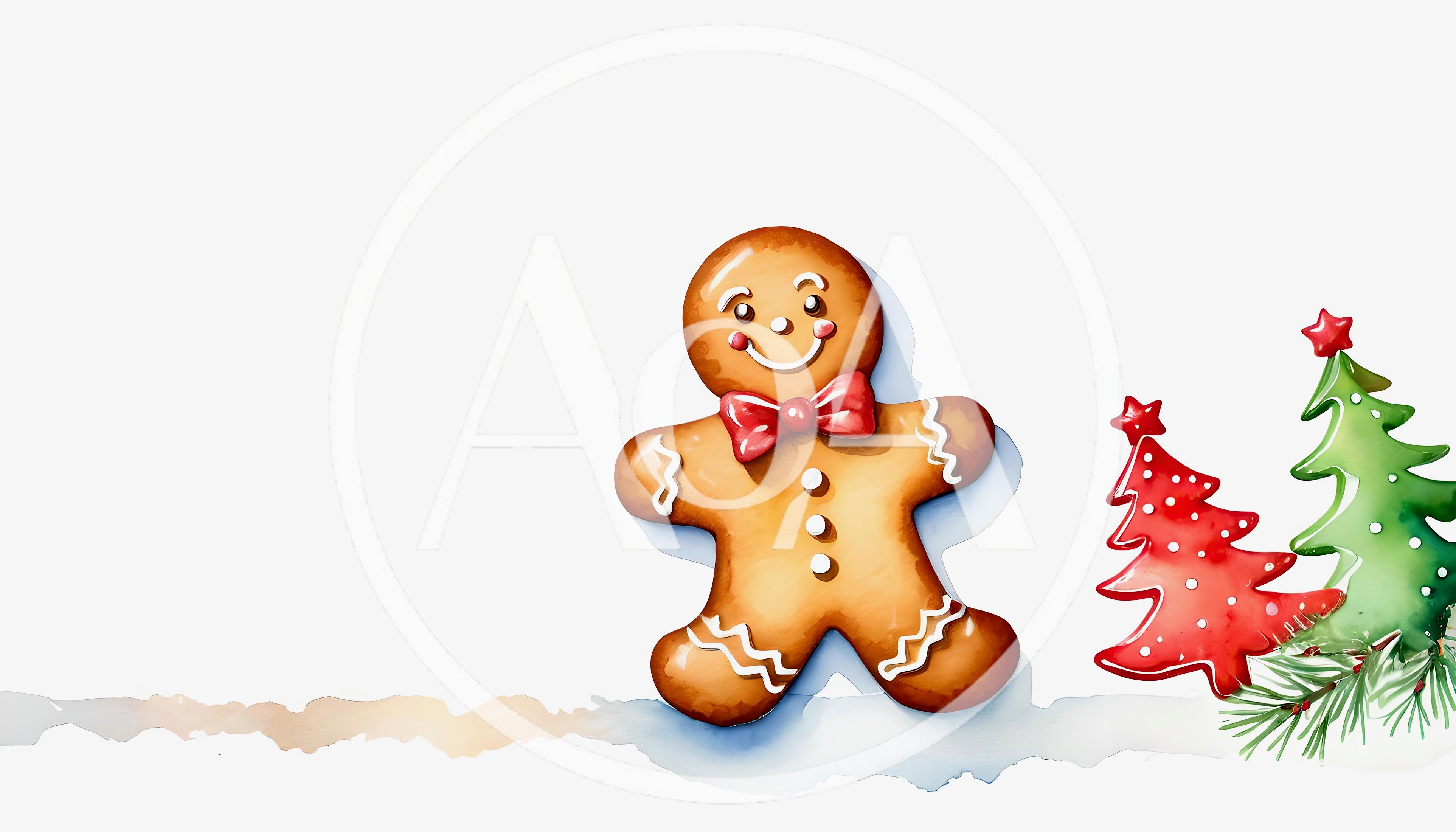Watercolor Gingerbread Man With Christmas Trees