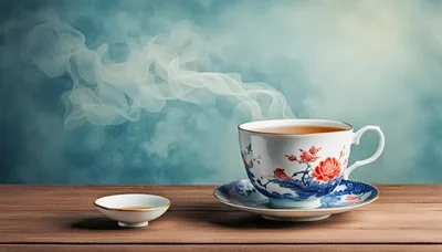 Steaming Floral Tea Cup on Wooden Table