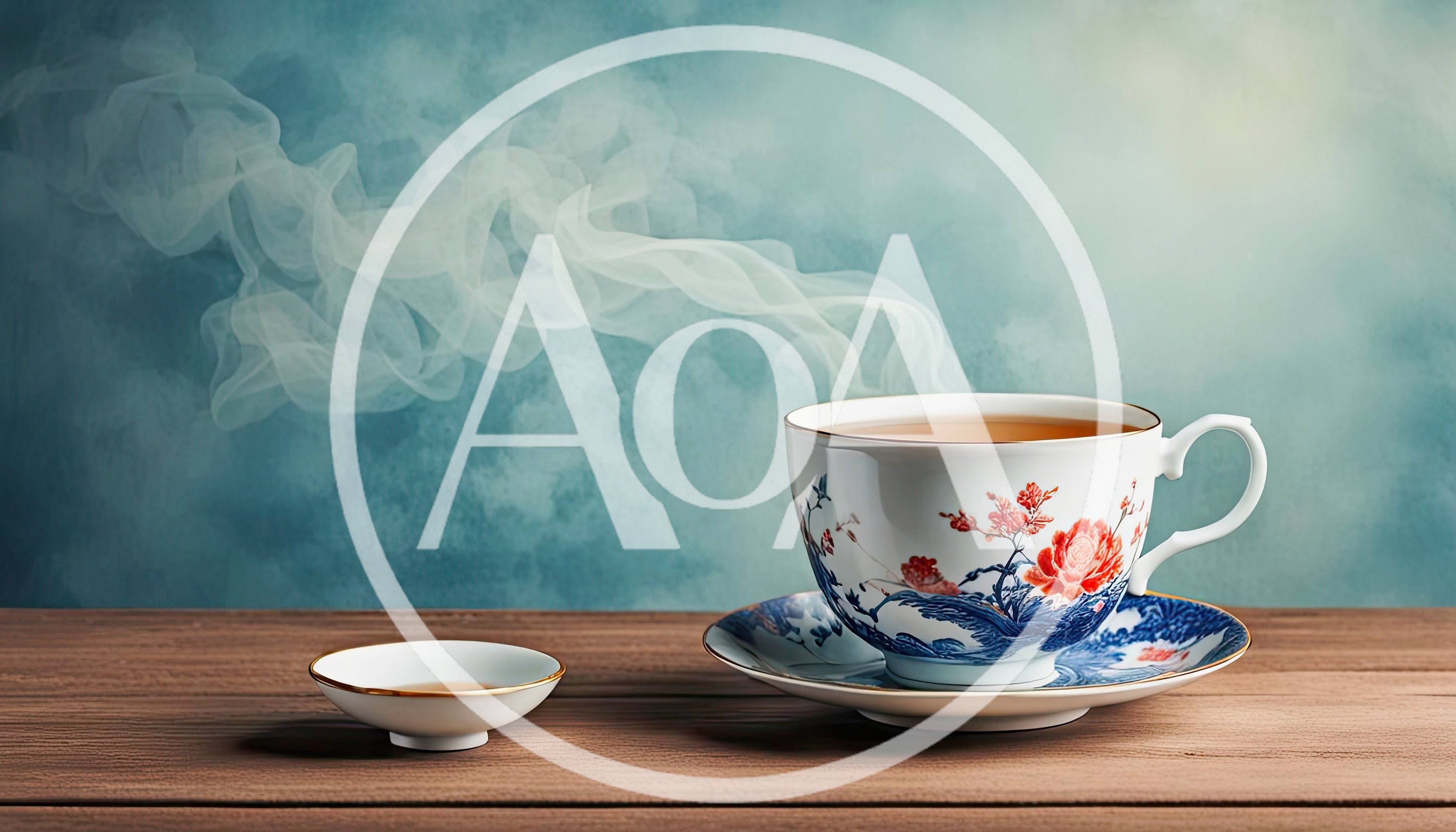 Steaming Floral Tea Cup on Wooden Table