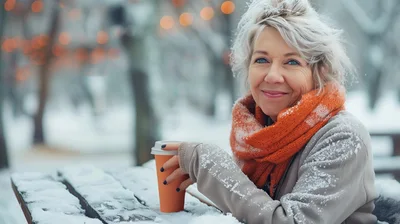 Mature Woman Holding Coffee Cup Outdoors In Winter