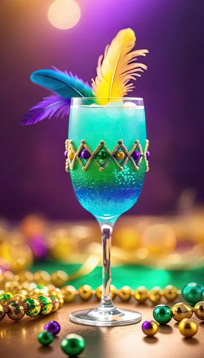 Mardi Gras Themed Cocktail With Feathers And Beads