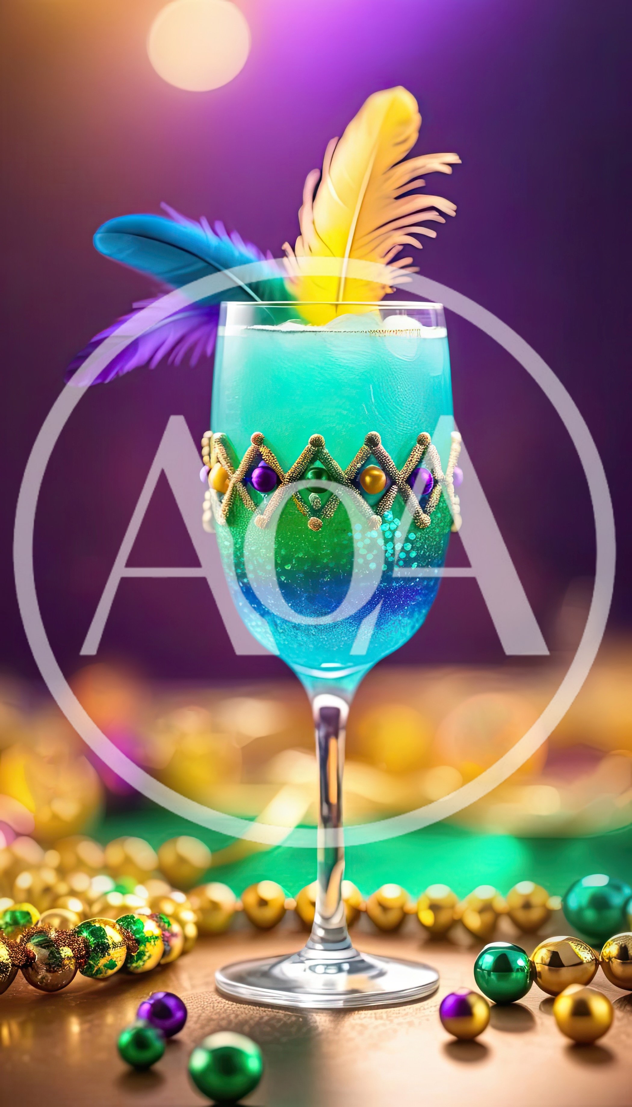 Mardi Gras Themed Cocktail With Feathers And Beads