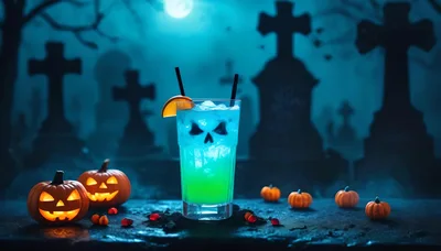 Halloween Cocktail With Jack O Lanterns In Graveyard