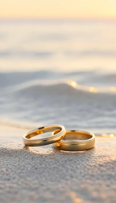 Two Gold Wedding Rings Resting On Sandy Beach