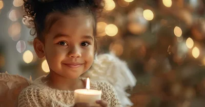 Little Girl Dressed As An Angel Holding A Candle