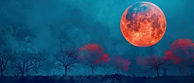 Surreal Red Moon Over A Dark Forest Landscape