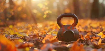 Black Kettlebell Resting On Autumn Leaves In Forest