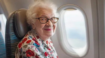 Elderly Woman Smiling While Sitting In Airplane Seat