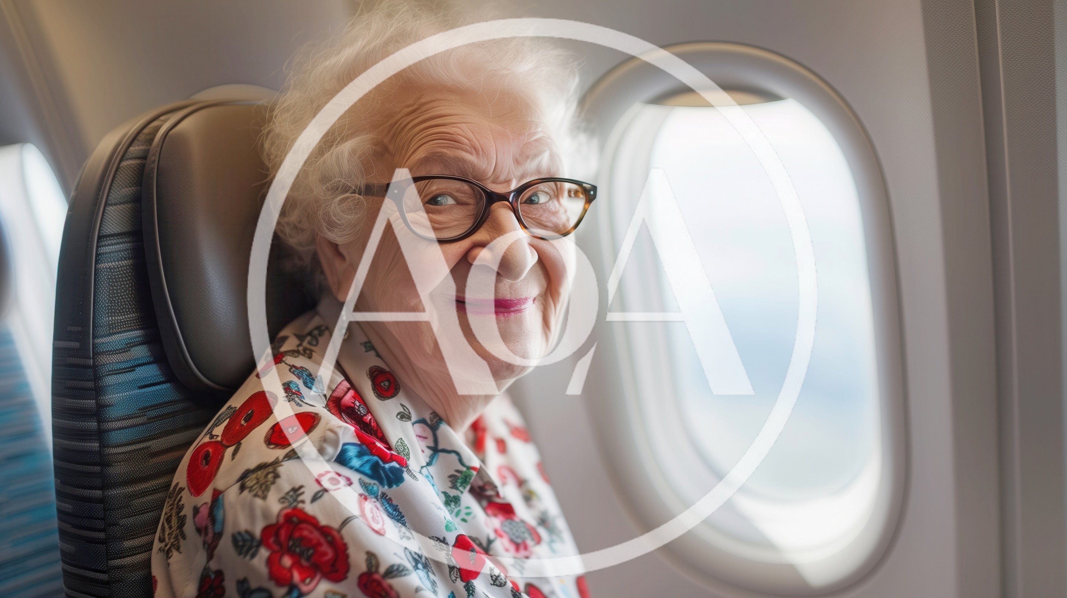 Elderly Woman Smiling While Sitting In Airplane Seat