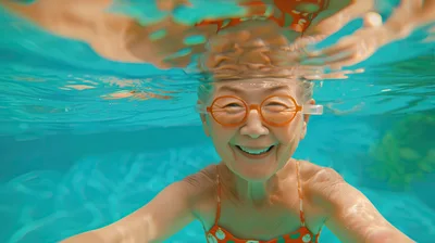 Senior Woman Swimming Underwater With Orange Goggles