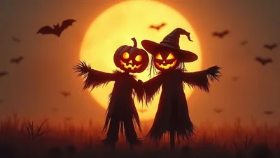 Two Pumpkin Head Scarecrows Standing Against Full Moon