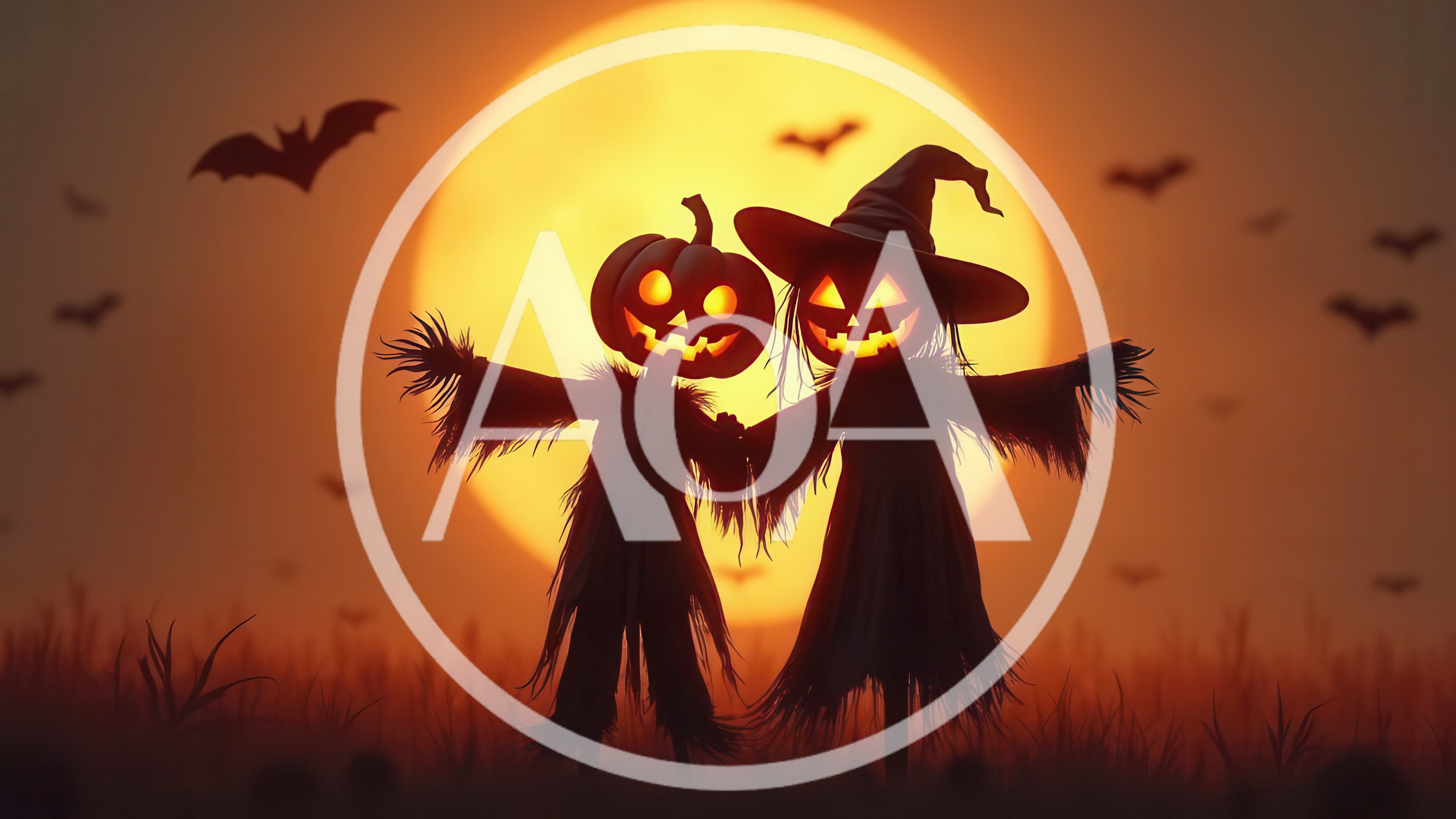 Two Pumpkin Head Scarecrows Standing Against Full Moon