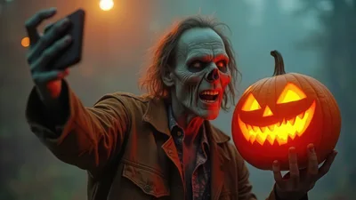 Zombie Taking A Selfie With A Glowing Jack O Lantern