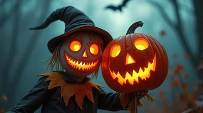 Scarecrow With Jack O Lantern In Misty Forest