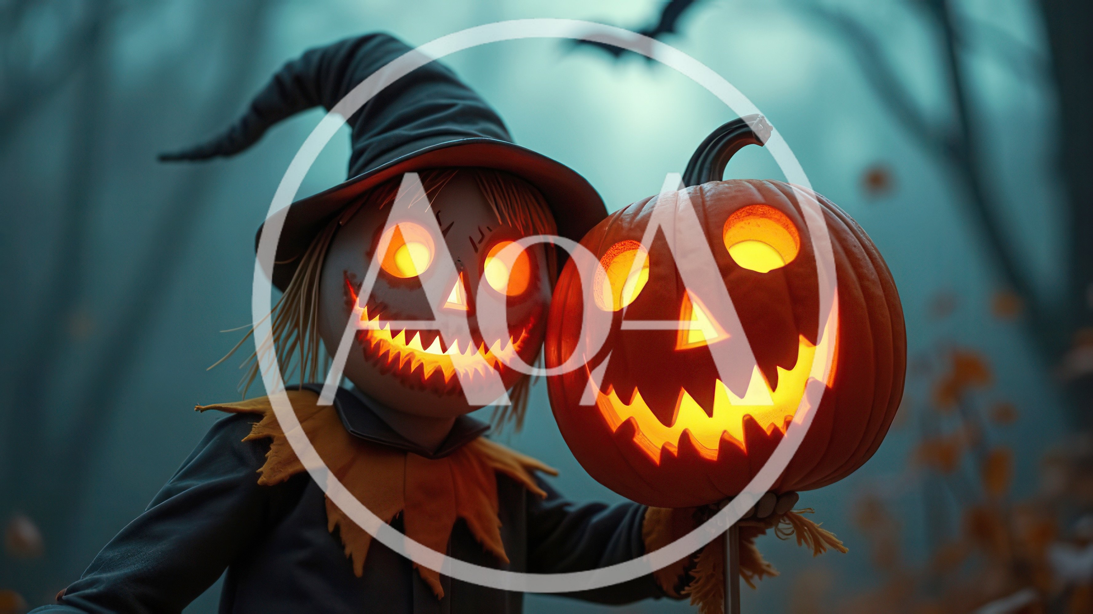 Scarecrow With Jack O Lantern In Misty Forest