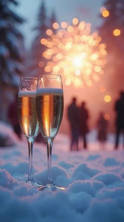 Two Champagne Flutes In Snow With Fireworks Background