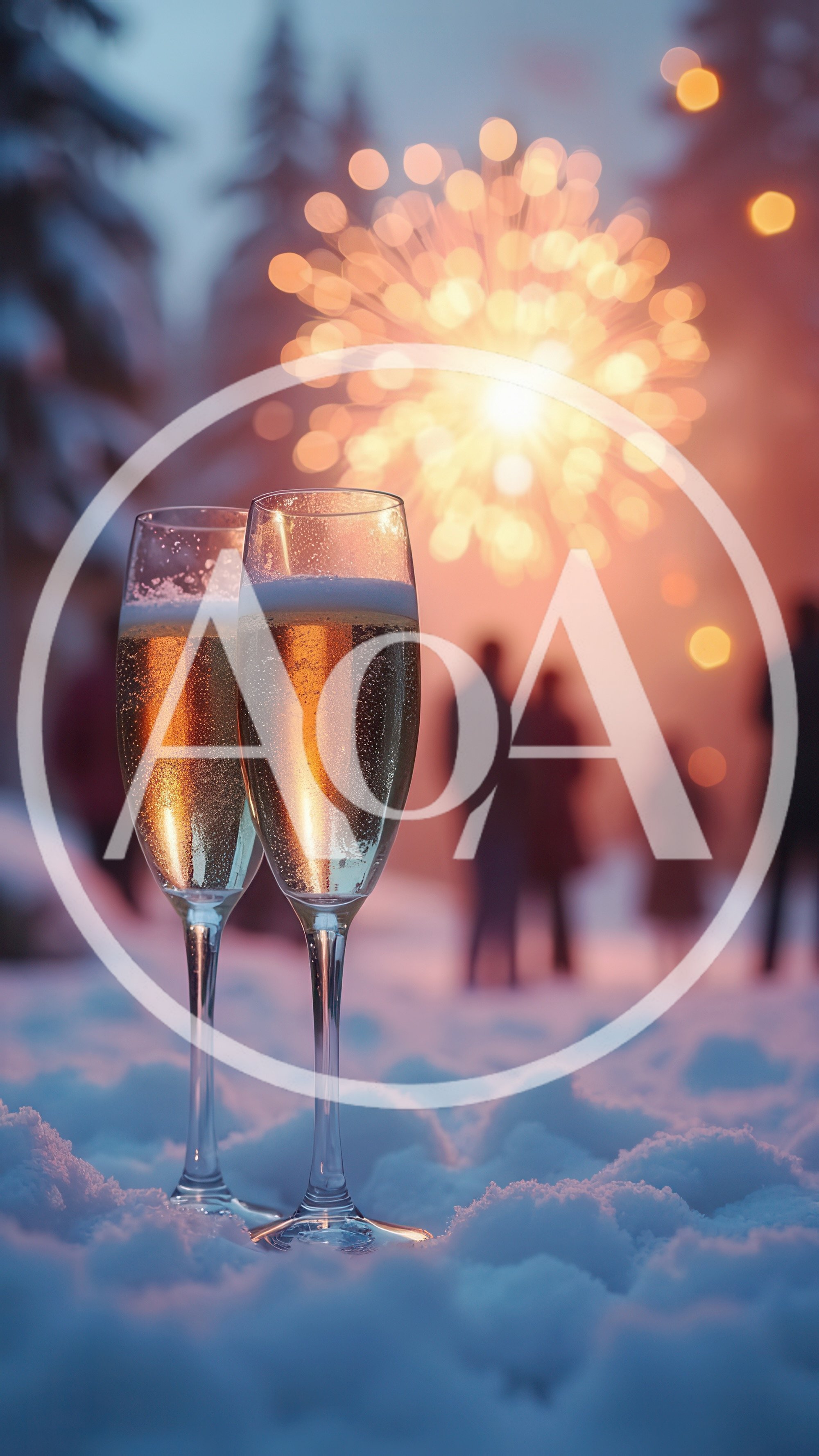 Two Champagne Flutes In Snow With Fireworks Background
