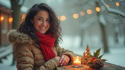 Smiling Woman Sitting Outdoors With Candle In Winter
