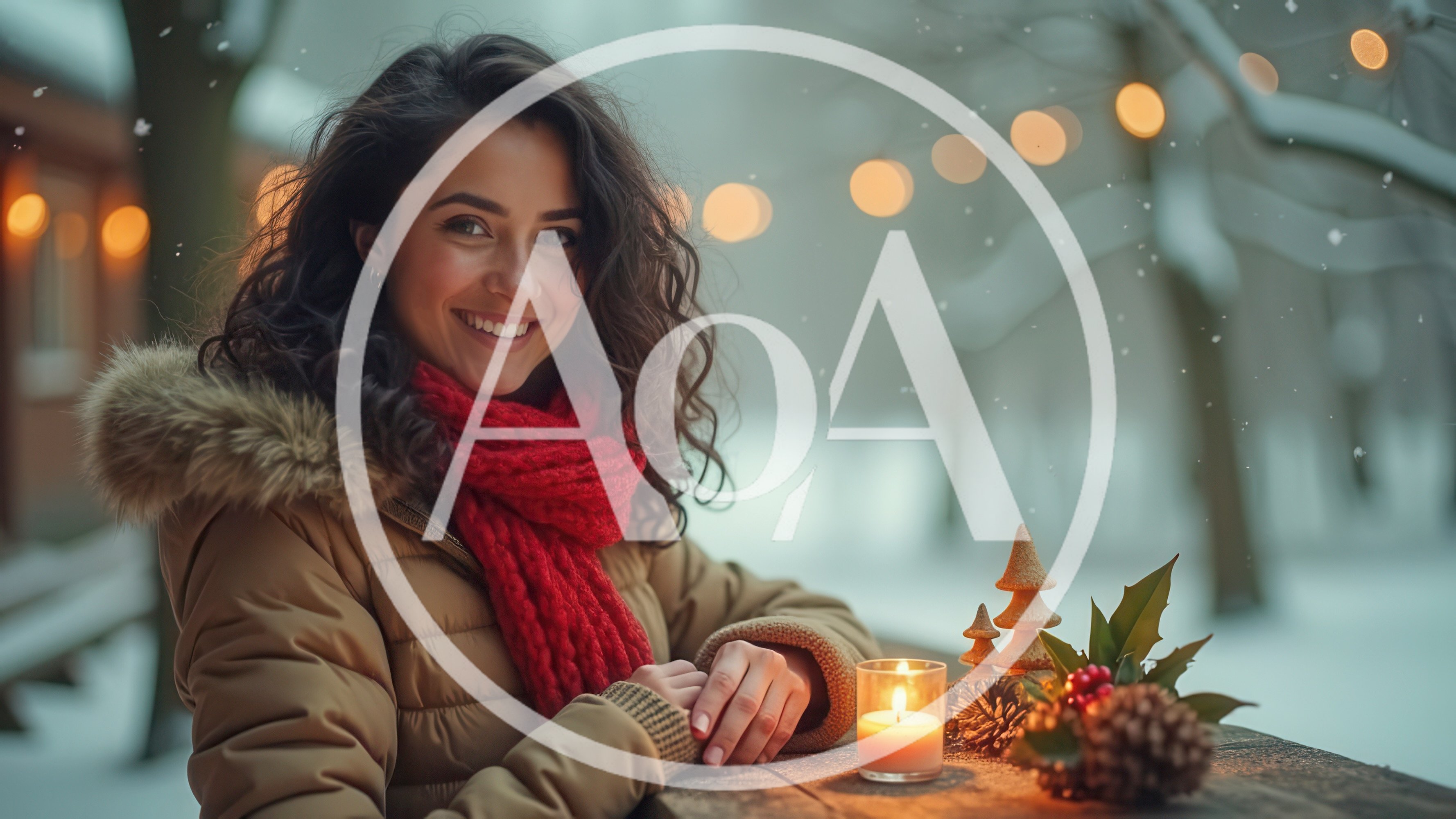 Smiling Woman Sitting Outdoors With Candle In Winter