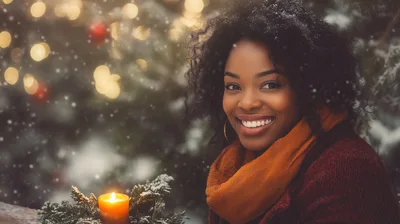 Smiling Woman Holding Candle Outdoors In Winter