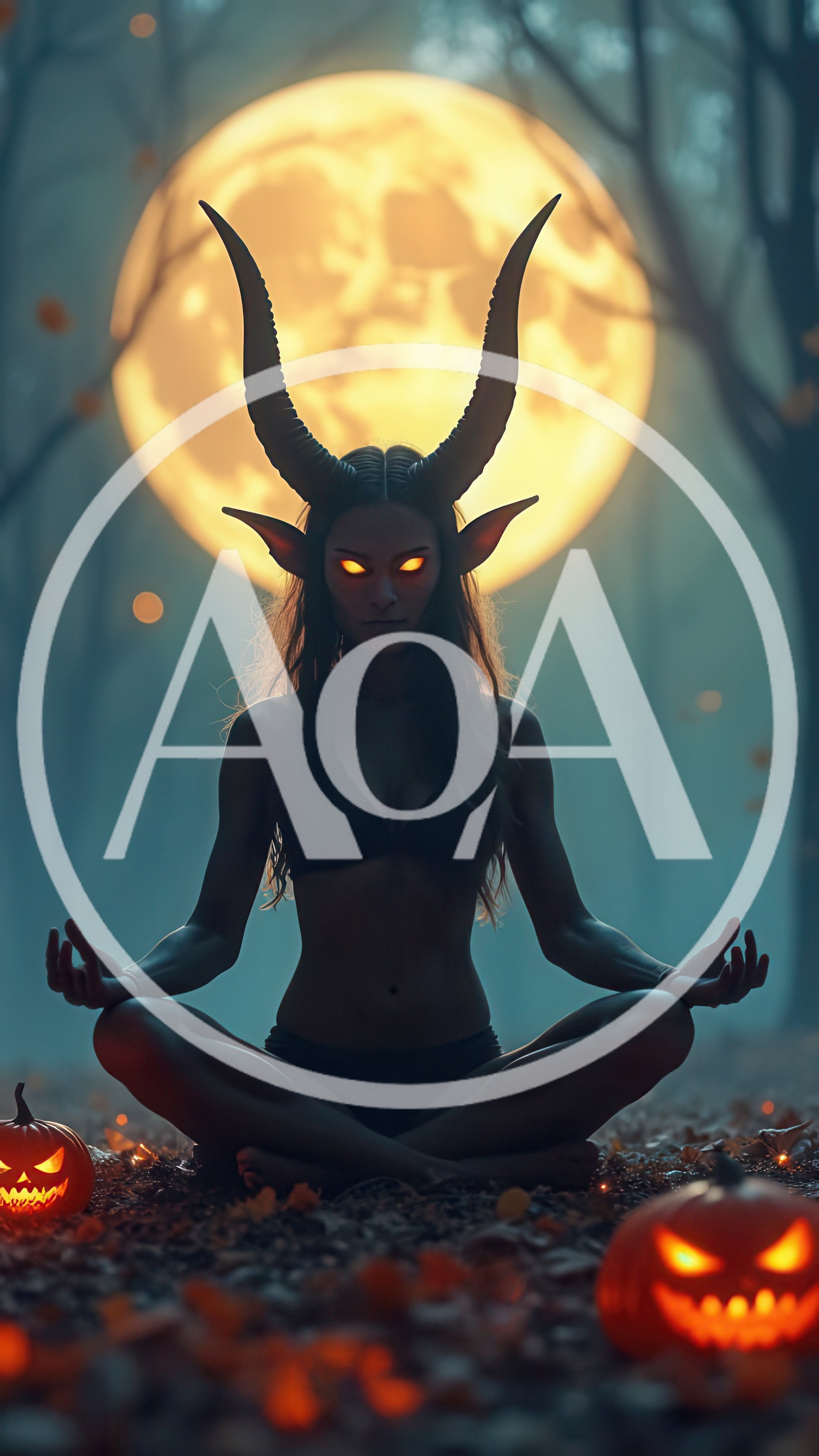 Demon Woman Meditating In Forest Under Full Moon
