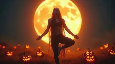 Woman Practicing Yoga In A Pumpkin Patch At Night