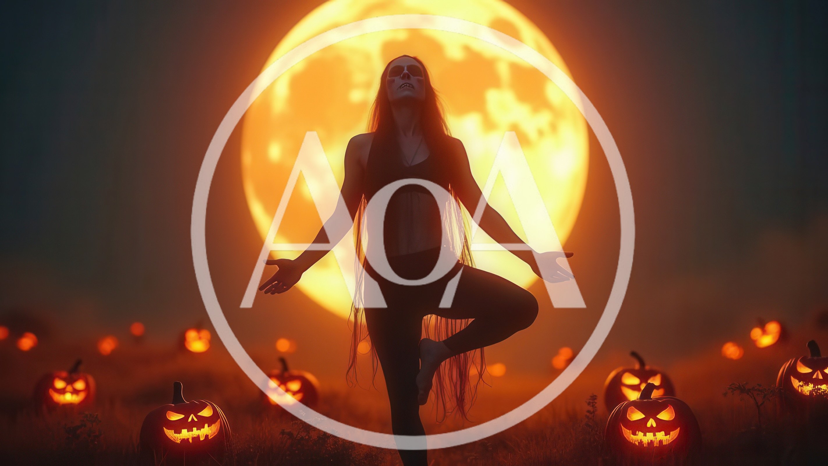 Woman Practicing Yoga In A Pumpkin Patch At Night