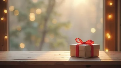 Gift Box With Red Ribbon On Wooden Table